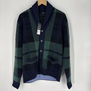 Greyson‎ Mens Ottawa Shawl Collar Cardigan Size M Wool Cashmere Blue Tartan